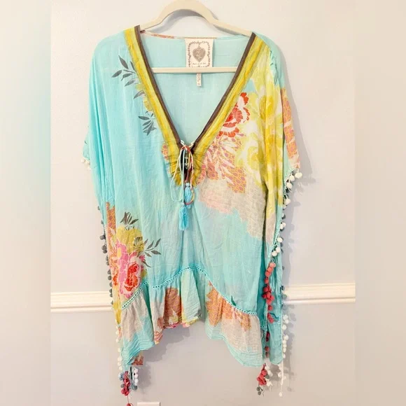 Anthropologie Top Z&L Made with With Love Boho Kaftan Aqua Floral Pom Pom Trim - Picture 7 of 7